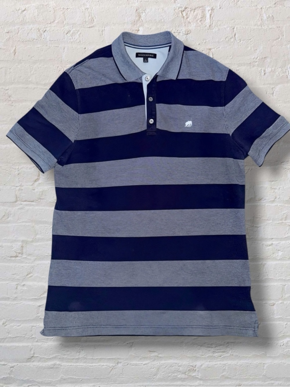 Banana Republic Striped Polo Shirt Men’s Large Navy Gray Knit Elephant Logo
